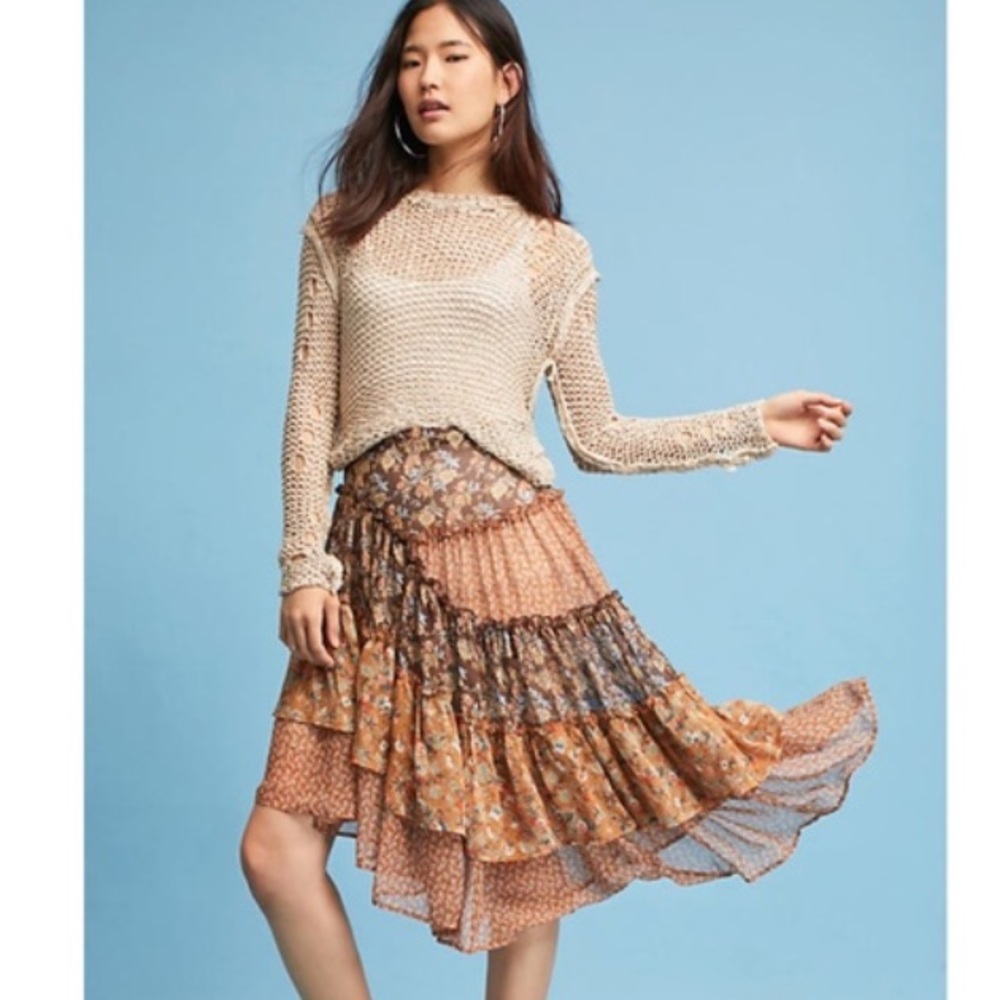Anthropologie Tiered Asymmetrical Floral Skirt